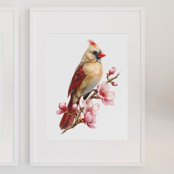 Watercolor Female Cardinal Bird with Flowers Wall Art Print Unframed - Picture 7 of 7